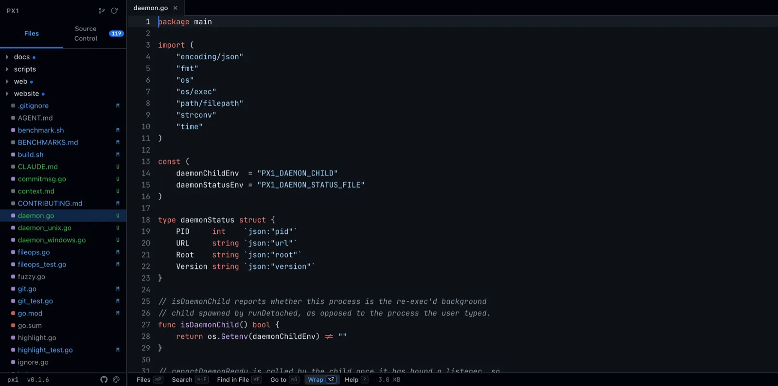 px1's file tree, an open Go file with syntax highlighting, and the Source Control panel showing staged and unstaged changes